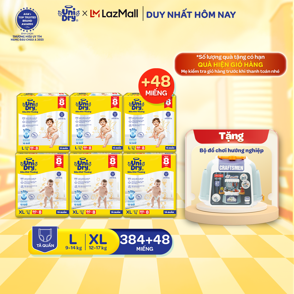 Combo 6 Tã quần UniDry Siêu khô thoáng gói Super Jumbo mới size M76/L68/XL60/XXL54 + 8 miếng