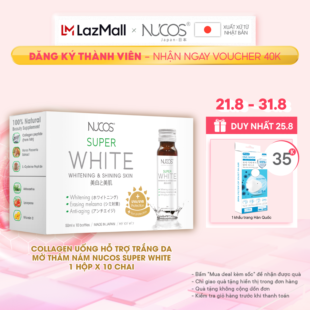 Collagen uống trắng da mờ thâm nám Nucos Super White​ hộp 10 chai x 50ml