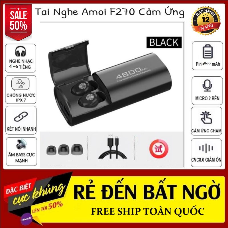 Tai Nghe Bluetooth Không Dây Amoi F270 Thế Hệ Cao Cấp Pin Kiêm Sạc Dự Phòng 4800mAh - Tai nghe bluetooth pin trâu, Tai nghe nhét tai không dây - Tai nghe nhạc pin trâu