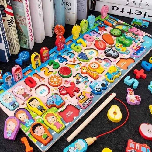 Bộ bảng gỗ câu cá và ghép số học đếm 63 chi tiết cho bé, bộ bảng số thông minh bằng gỗ