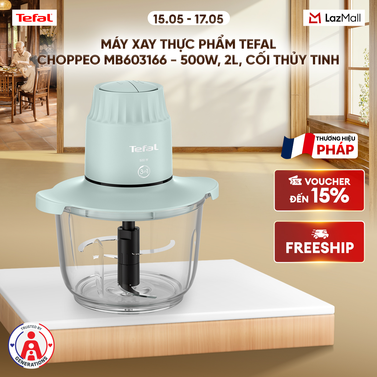 Máy xay thực phẩm Tefal Choppeo MB603166 - 500W, 2L, cối thủy tinh