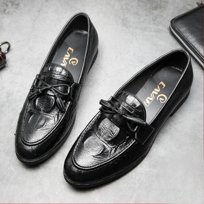 Giày Nam Chuông Da Bò Giày tây nam gắn nơ chuông mặt da vân cá sấu Giày lười nam Giày mọi nam da bò cao cấp đẹp thời trang hàng hiệu giá rẻ D-5 màu ĐEN