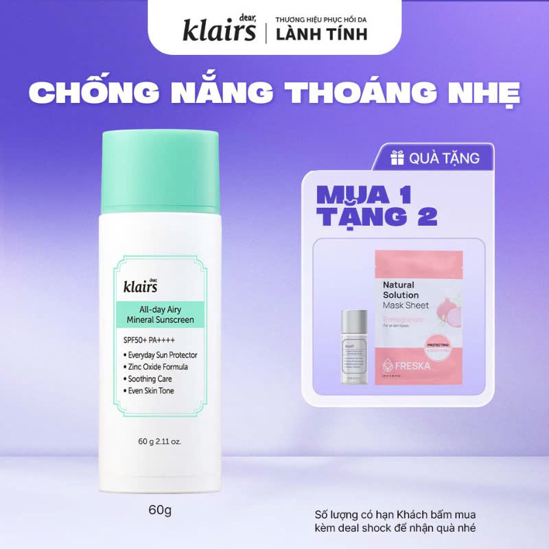 Dear, Klairs Kem chống nắng All-day Airy Mineral Sunscreen 60g