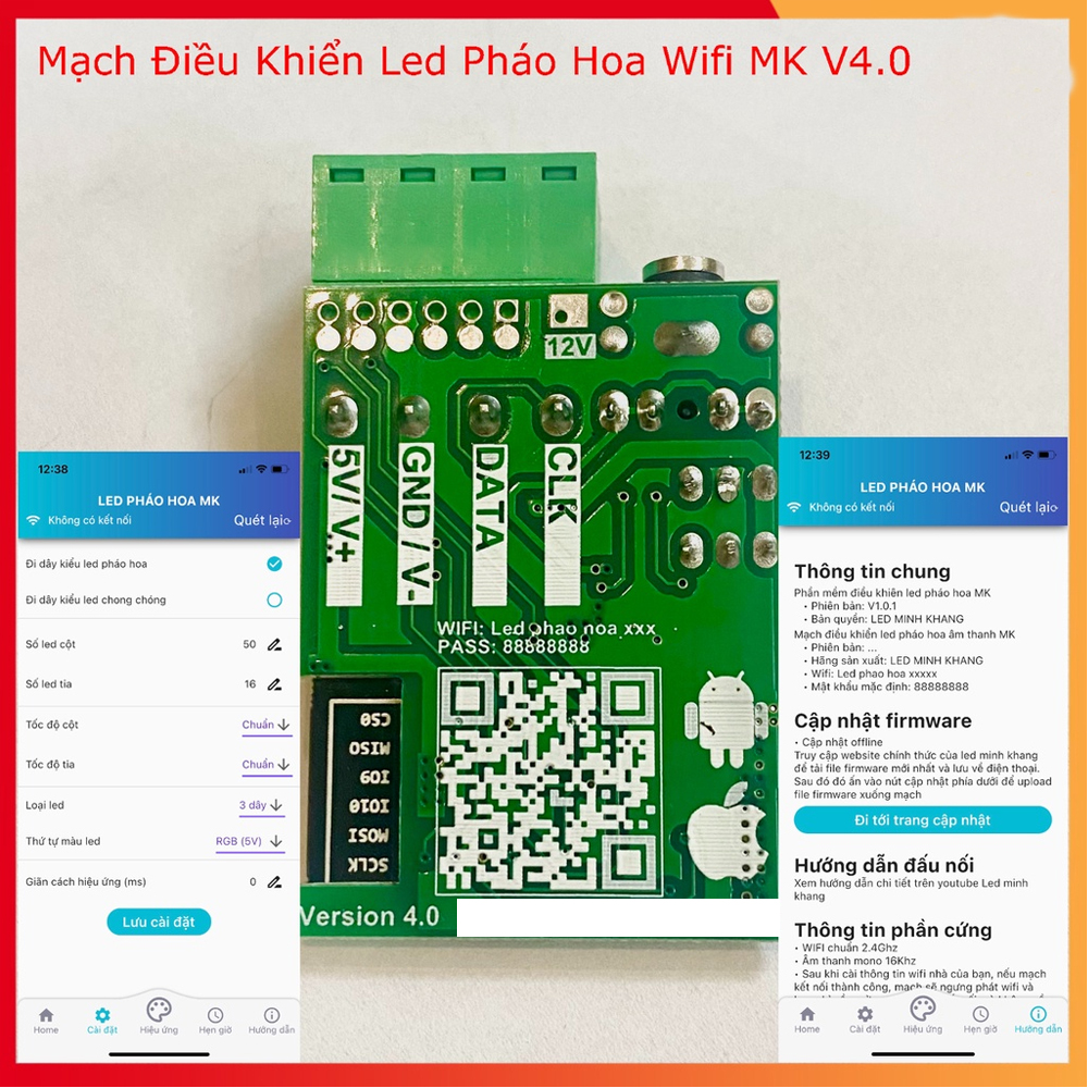 Mạch điều khiển led hiệu ứng phao hoa có âm thanh bản mới nhất điều khiển qua wifi, không giới hạn tia led