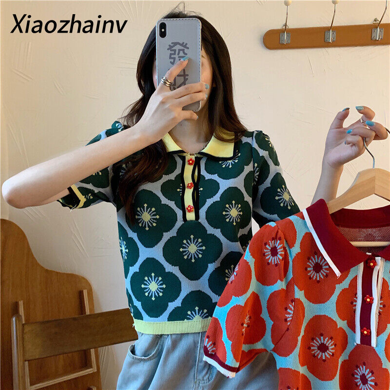 Xiaozhainv Áo Nữ Áo Dệt Kim Ngắn Tay Thêu Hoa Polo Cổ Điển Hàn Quốc