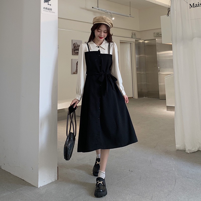 Lolita closet - váy đầm đen hai dây liền cổ sơ mi một mảnh phong cách hàn quốc