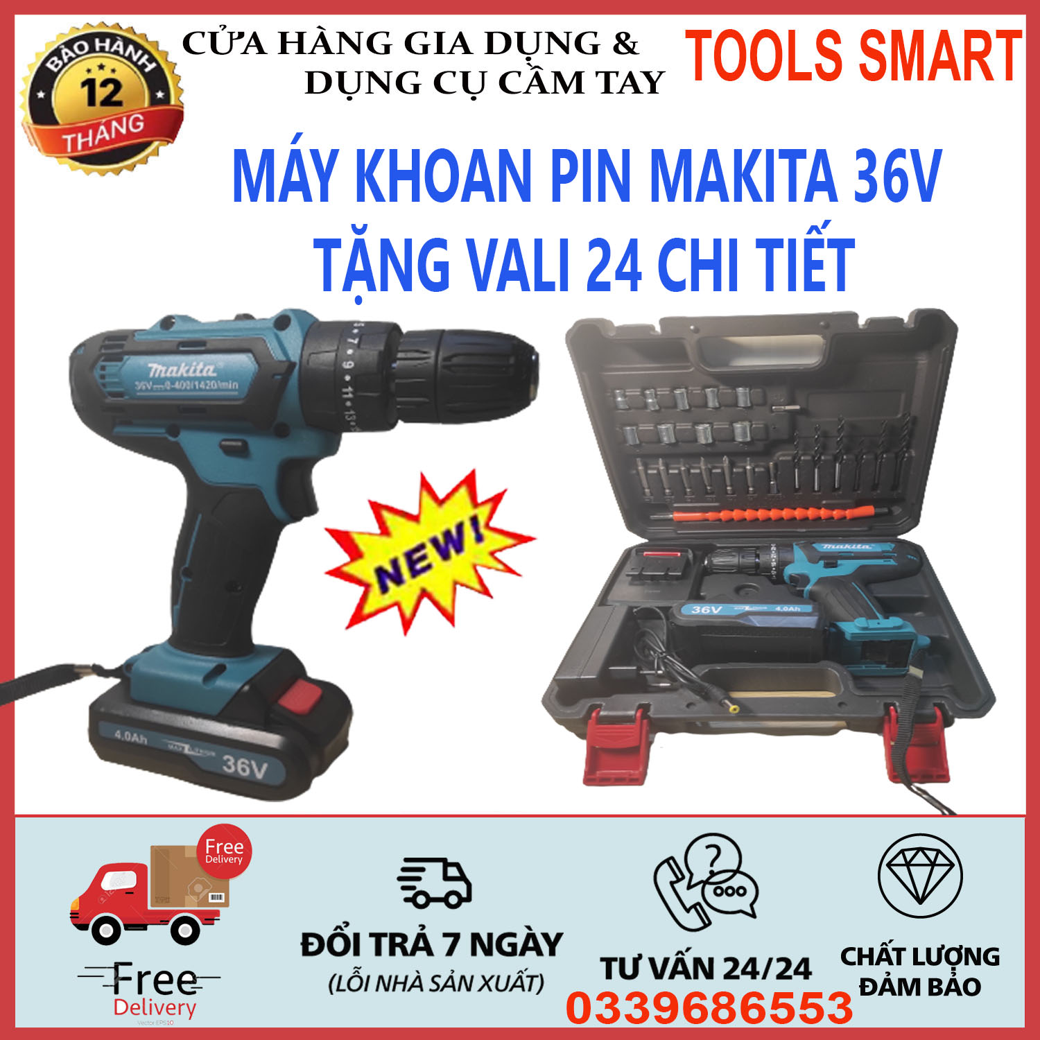 Máy khoan pin makita 36v có búa - 3 chức năng khoan vít búa - 24 phụ kiện motor lõi đồng 100% . máy khoan pin makita 3 chức năng có búa , đa năng tiện dụng bảo hành 12 tháng