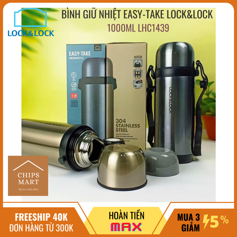 Bình giữ nhiệt Lock&Lock Easy-Take 1000ml Vacumm Bottle LHC1439 – Giữ nóng và giữ lạnh hiệu quả, Màu sắc trẻ trung, hiện đại, kiểu xách tay tiện lợi cho các chuyến đi mọi nơi