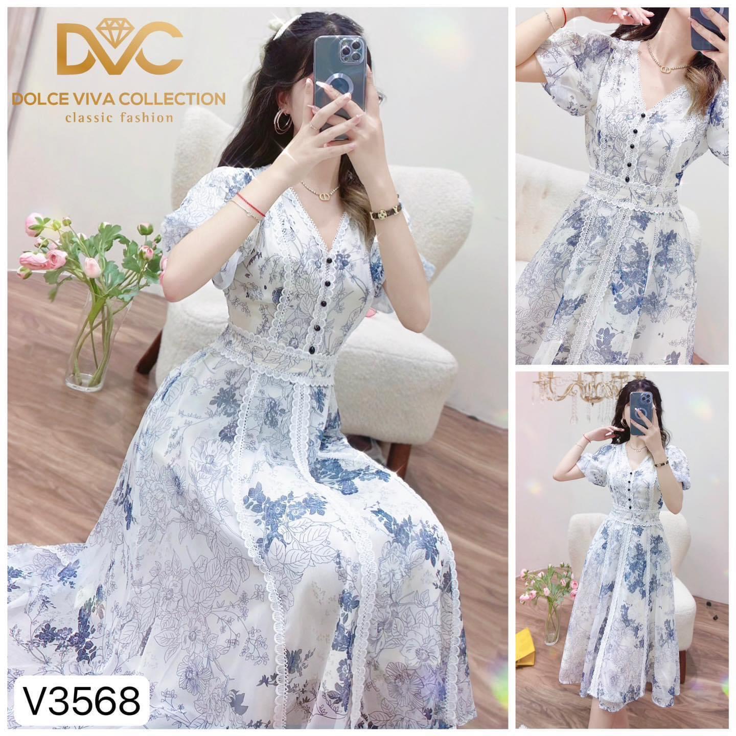 V3568 Váy voan hoa cổ V phối ren trắng nữ tính  váy đầm hoa xoè vintage