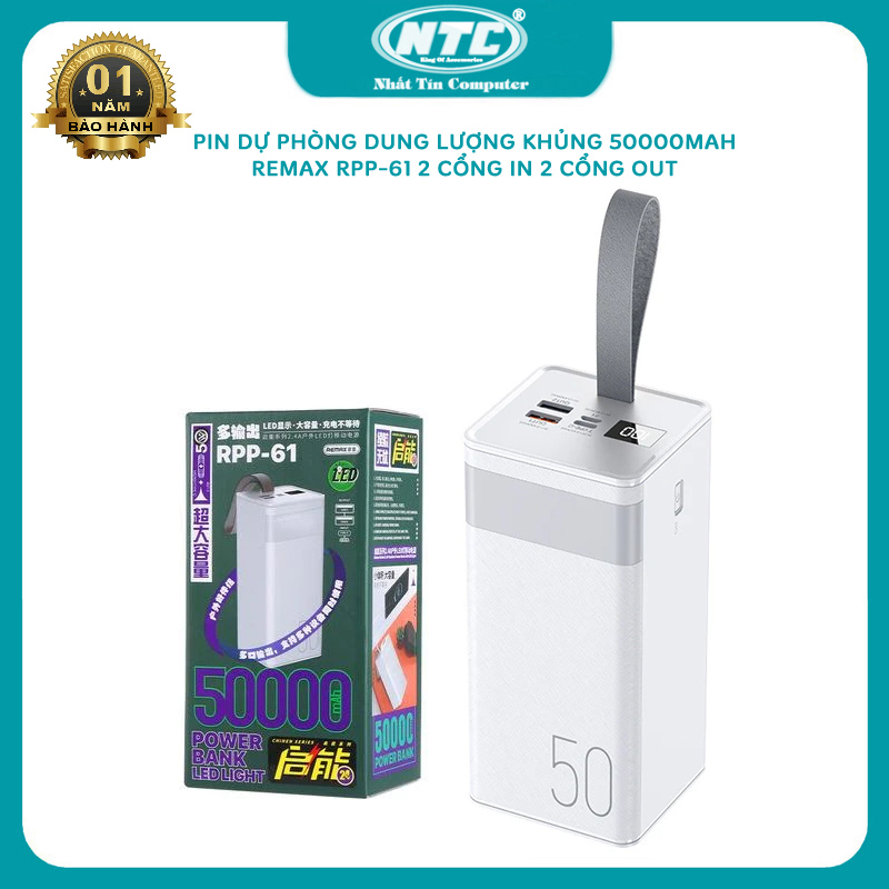 [DUY NHẤT 15.04 - NHẬP MÃ LAZSOCIALSALE1504 GIẢM 15% CHO ĐƠN 500k] Pin sạc dự phòng Remax RPP-61 dung lượng khủng 50000mAh lõi Li-polymer 2cổng input 2 cổng output (Trắng) Nhất Tín Computer