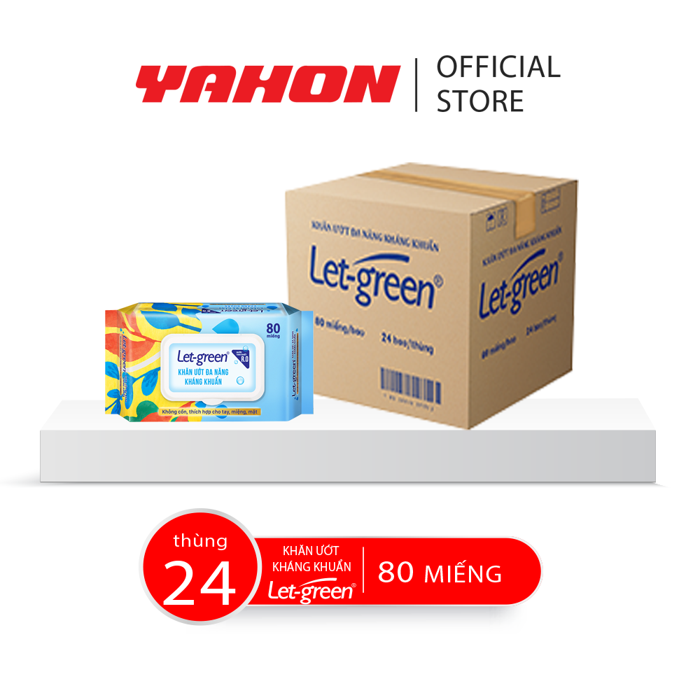 Thùng khăn ướt kháng khuẩn let-green, 80 miếng/bao, 24 bao/thùng