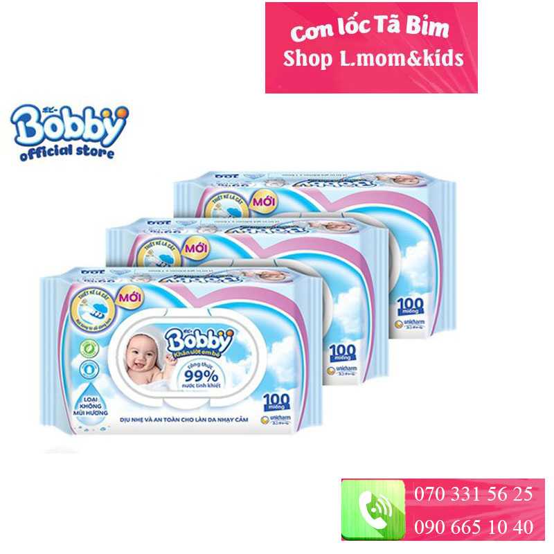 [HCM]CB 3 gói KHĂN ƯỚT BOBBY KHÔNG MÙI 100 Miếng