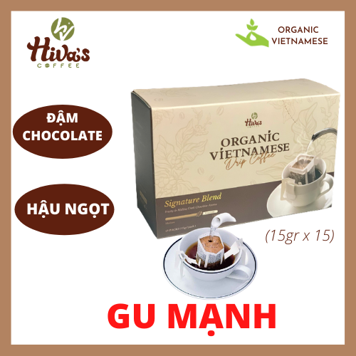 [Free Ship] Cà phê Phin giấy HIVA'S COFFEE nguyên chất Organic Hộp 15 gói. Signature Blend Đắng đậm vị chocolate,  hậu ngọt, mượt - Phù hợp cho văn phòng, du lịch, hội nghị,.. Giá ưu đãi tại xưởng . Mua từ 2 hộp giảm 10K
