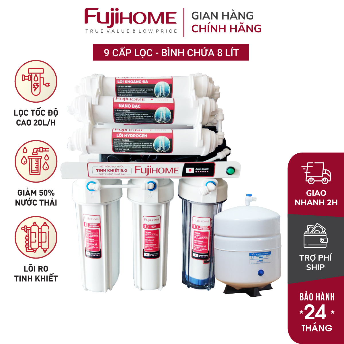 Máy lọc nước ro hydrogen 9 cấp lọc fujihome ro-f09, máy lọc nước tinh khiết thiết bị lọc nước uống gia đình 9 lõi lọc từ nguồn- chính hãng bảo hành 2 năm