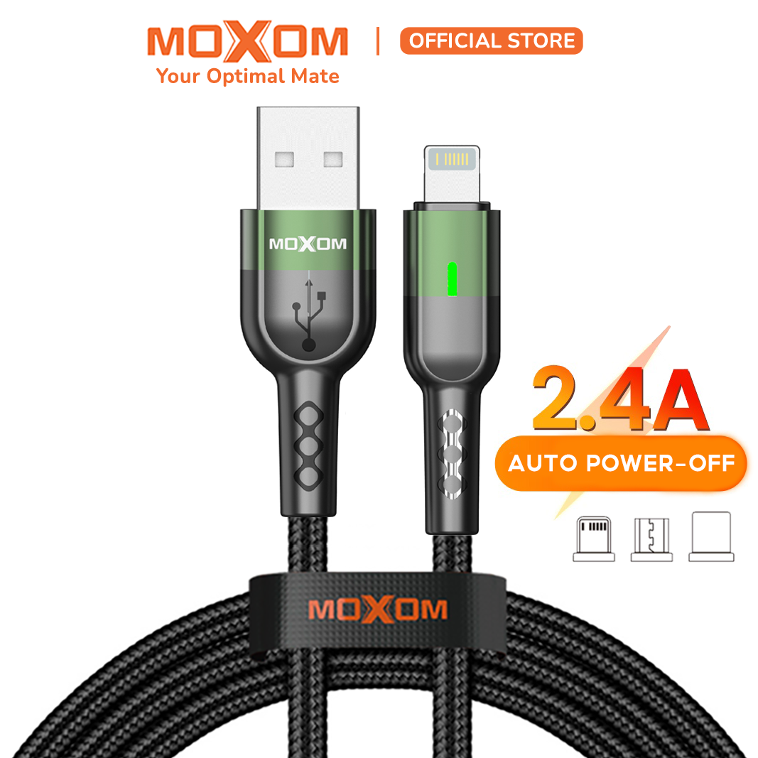 Dây sạc nhanh tự ngắt QC 3.0 MOXOM CB60 2.4A bọc dù cổng Lightning, Type-C, Micro dùng cho iPhone, iPad, Samsung, Oppo, Xiaomi dài 1m