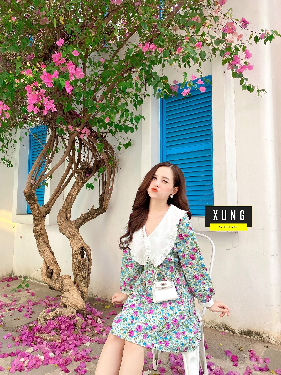 Váy đầm hoa cổ bèo tay dài Freesize 40-57kg – XungStore