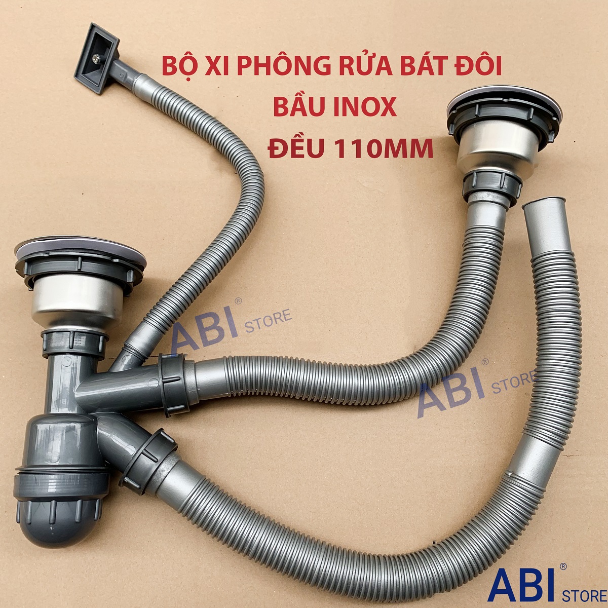 Bộ xi phông ống xả chậu rửa bát đôi bầu inox đẹp giá rẻ, xi phông chậu rửa chén 2 ngăn