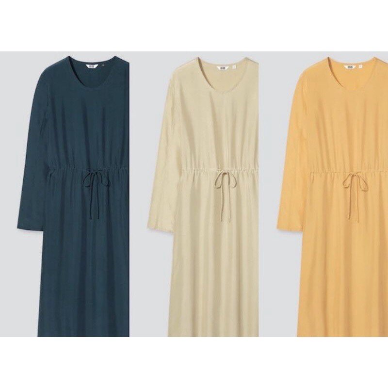 Váy đầm uniqlo u vải rayon cao cấp mát lạnh dáng suông rút dây eo- uniqlo shiny rayon dress