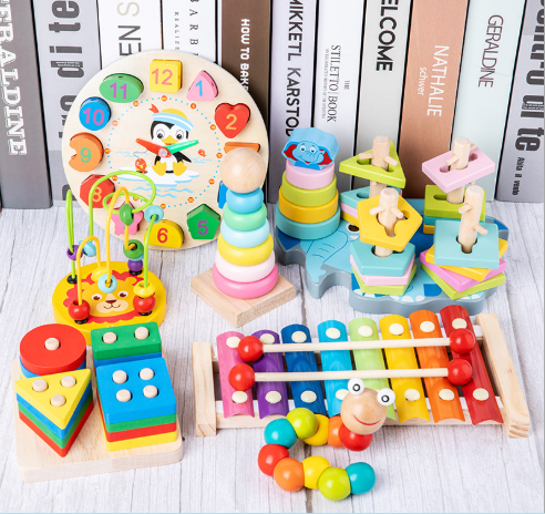 Set 4 món đồ chơi gỗ phát triển trí não cho bé tháp xếp gỗ sâu gỗ đàn 8 thanh khung gỗ luồn hạt luyện tay