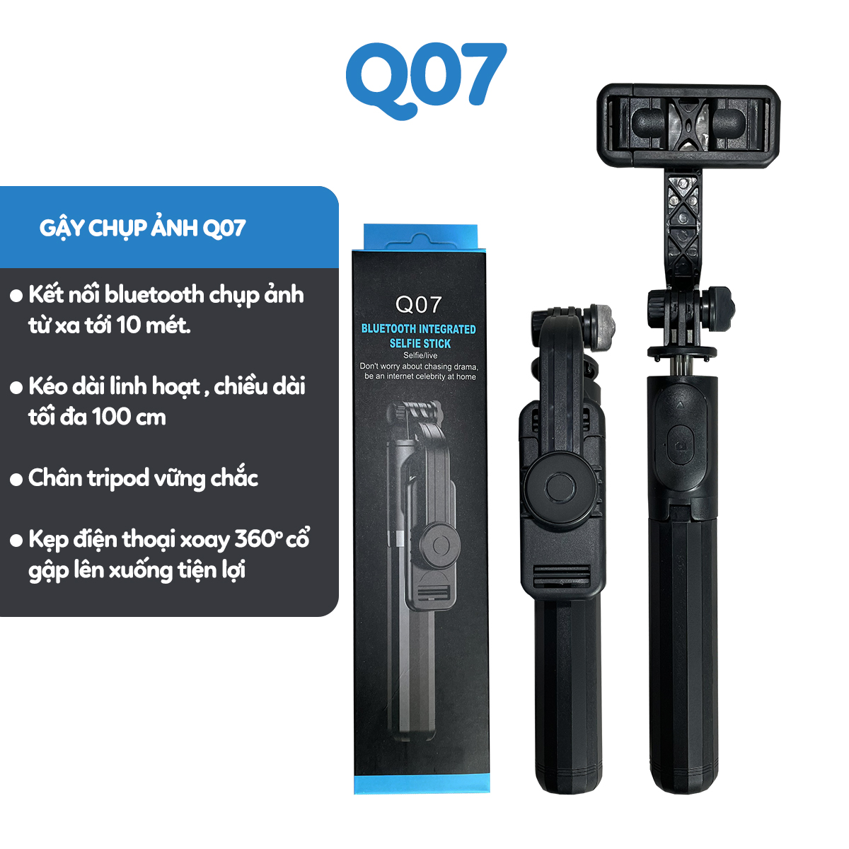 Tripod Gậy Chụp Hình , Quay Video , Livestream Cầm Tay Dài 1m Có Sẵn Remote Có 2 Loại ( Q07 Có Đèn Led Và Q07 Không Có Đèn ) Chắc Chắn