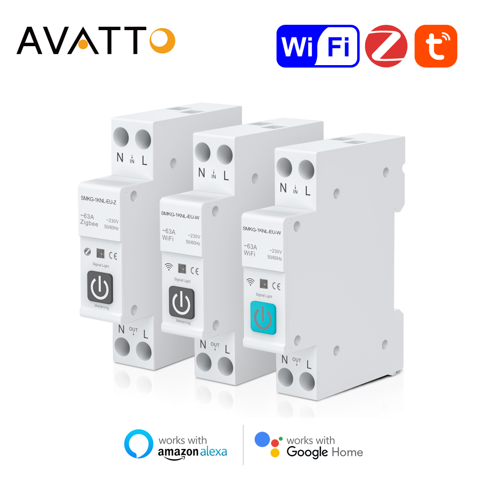 Avatto Bộ Ngắt Mạch thông minh Wifi/ZigBee tuya với màn hình nguồn đo sáng đường ray DIN 1P 63A hoạt động với cuộc sống thông minh Alexa Google Home