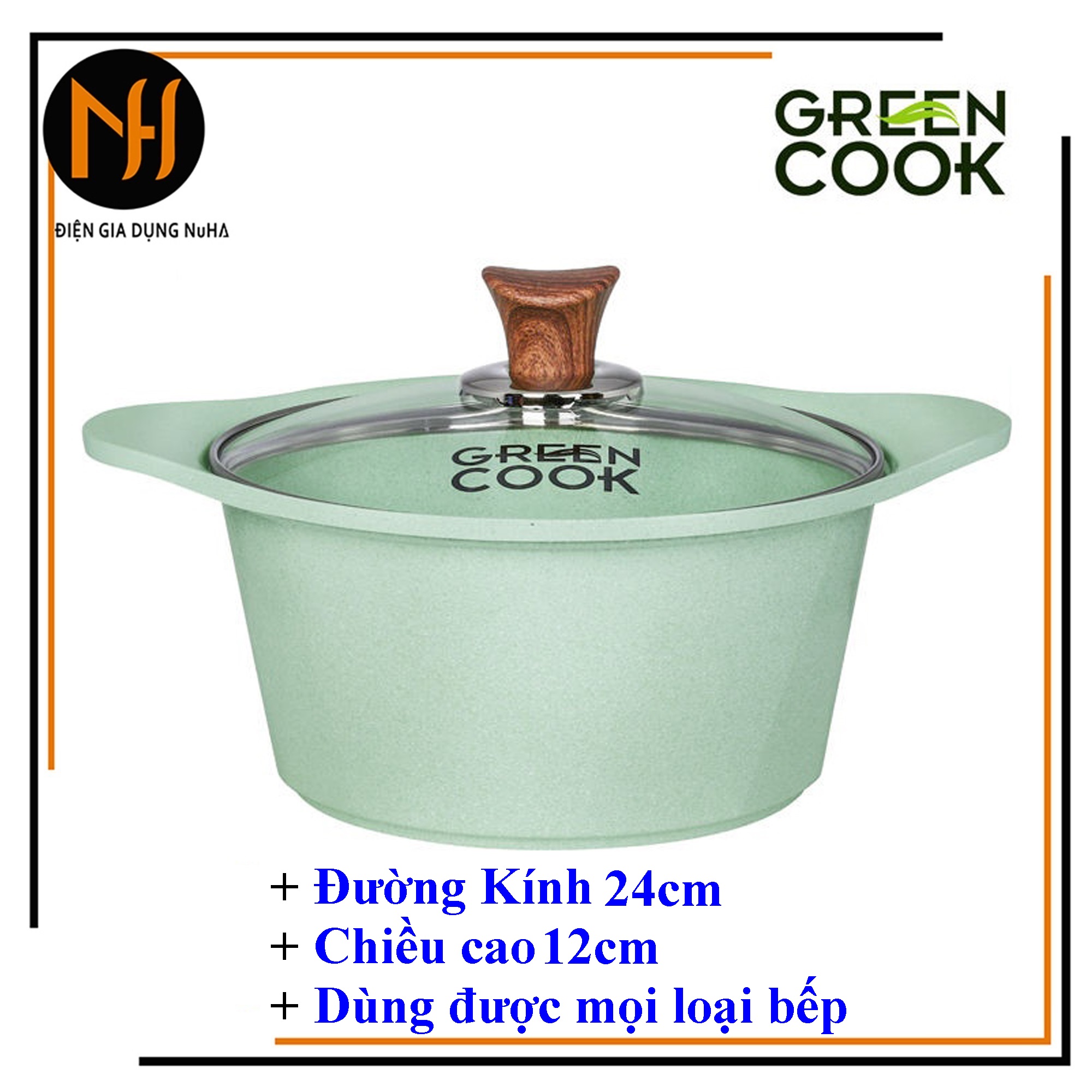 Nồi đúc đáy từ dùng mọi loại bếp Greencook GCS05 size 24cm cao 11cm màu xanh ngọc nắp kính-chính hãng