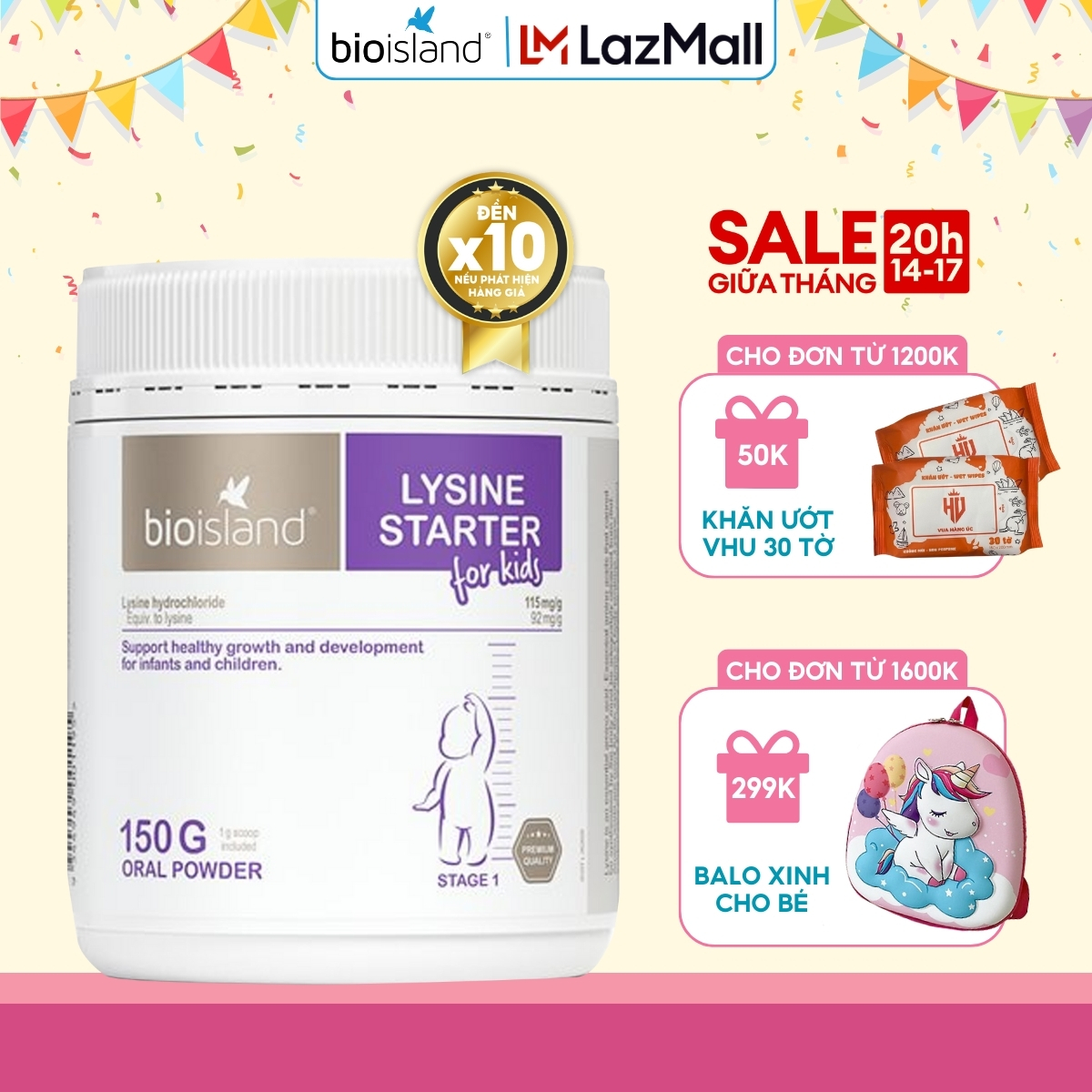Bột Lysine tăng chiều cao Bioisland Lysine Starter 150g của Úc giúp bé phát triển cao lớn và khỏe mạnh