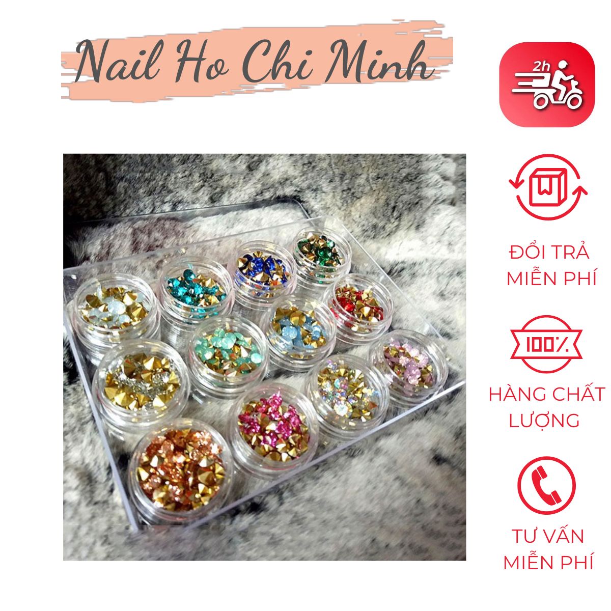 Set Đá Chân Nhọn Đính Móng Tay - Set 12 hủ màu khác nhau,mỗi hủ 60 viên đá nail mix nhiều size, nhiều màu dễ luyện tập pha phối design