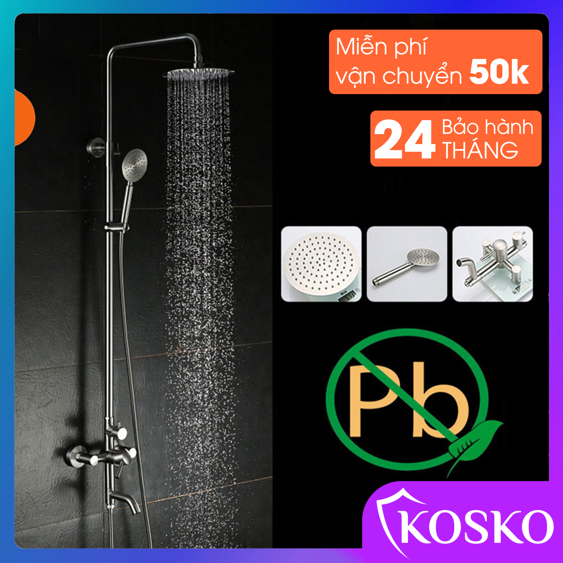 Bộ sen cây tắm đứng nóng lạnh Kosko inox sus304 (Bảo hành 2 năm - 1 đổi 1 trong vòng 7 ngày), sen cây tắm đứng, sen cây inox 304, Bộ vòi sen tắm nóng lạnh cao cấp dễ dàng lắp đặt