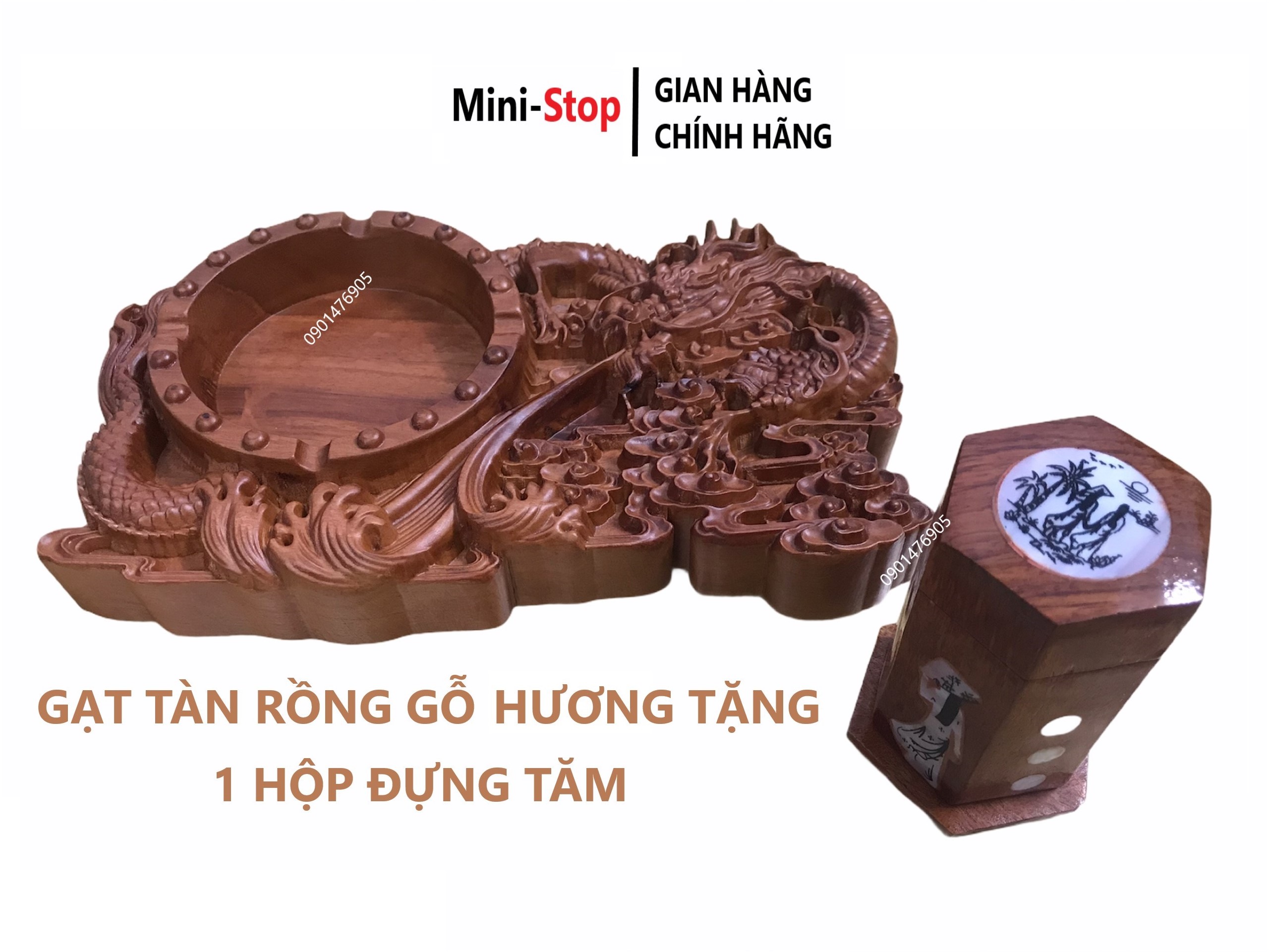 FREE SHIP Gạt tàn nguyên khối gỗ Hương trạm khắc hình Rồng phun lửa cao cấp tặng 1 hộp đựng tăm