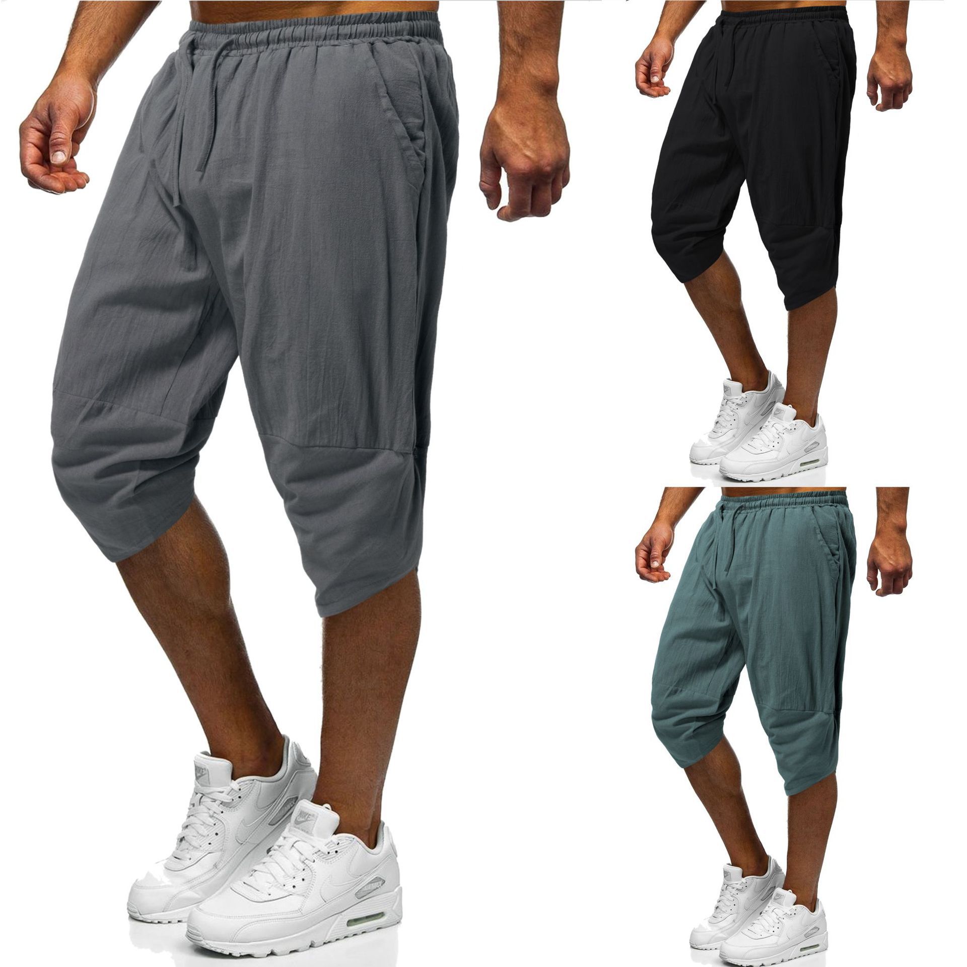 -A2023 Quần Ngắn Cotton Và Vải Lanh Ren Rộng Rãi Phong Cách Trung Quốc Mẫu Mới Mùa Hè Quần Cắt Ngắn Vải Lanh Trơn Màu Cho Nam