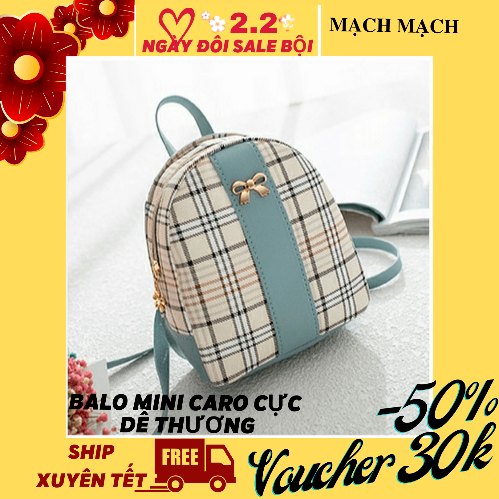 Balo nữ caro mini đính nơ xinh xắn at11