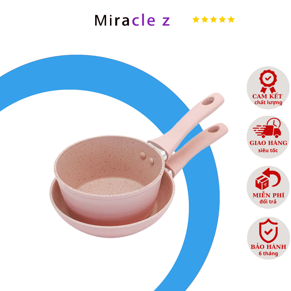 Bộ Nồi Chảo Chống Dính Cao Cấp 16cm Vân Đá Hoa Cương Hồng Đáy Từ Dùng Mọi
