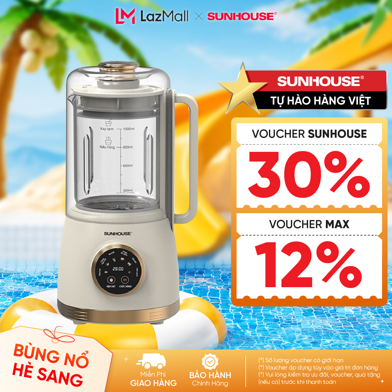 Máy làm sữa hạt đa năng Sunhouse SHD5262 - Tích hợp lồng chống ồn - 6 chức năng - Tự động làm sạch - Hẹn giờ tới 12h