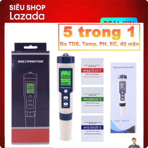 Bút đo độ mặn của nước 5 trong 1 pH/TDS/EC/độ mặn/nhiệt độ kèm 3 gói pH chuẩn （Gửi đi miễn phí Pin）HomeAid Bút Kiểm Tra Độ PH/TDS/EC/Độ MặN/Nhiệt Độ Máy Kiểm Tra Chất Lượng Nước Đa Năng Cho Tính Axit Và Kiềm, Bút Kiểm Tra Chất Lượng Nước 5 Trong