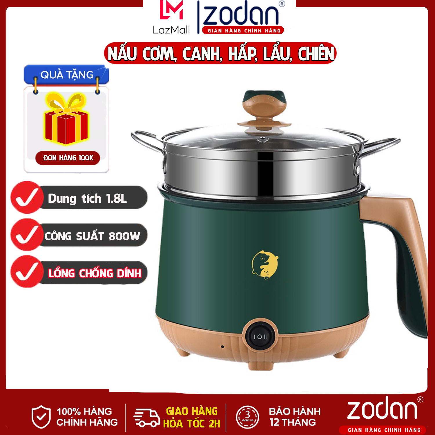 Nồi Lẩu Mini Đa Năng 1,8L nấu Lẩu, Hấp, Luộc, Xào 2 Tầng Vật Liệu Chống Dính An Toàn