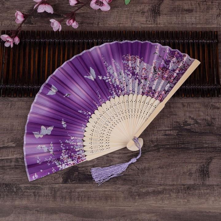Quạt cổ trang điệp luyến tím vải lụa dây tuyến quà tặng xinh xắn cosplay cầm tay