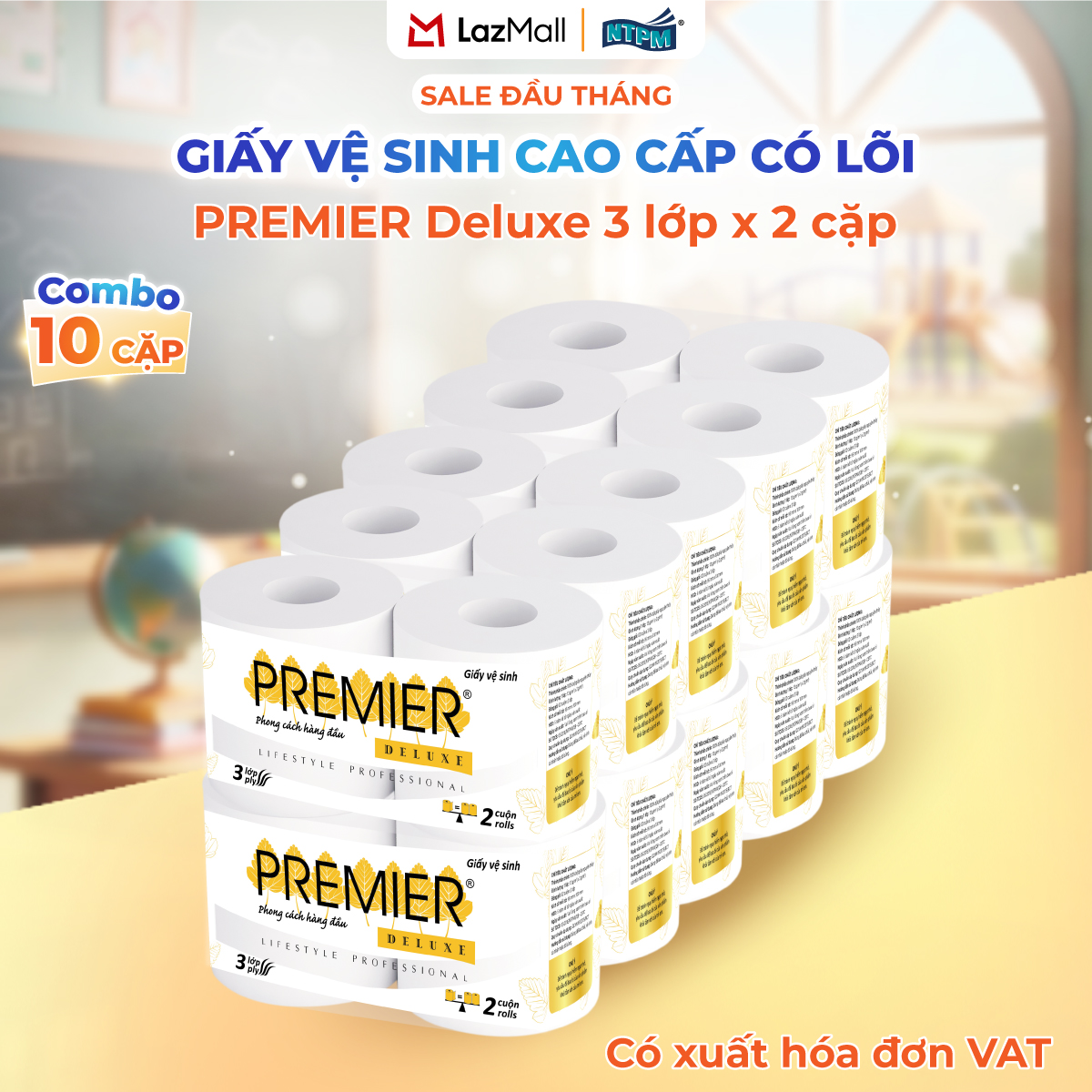 [COMBO 20 CUỘN] Giấy vệ sinh cao cấp PREMIER Deluxe có lõi, 3 lớp - 100% bột giấy nguyên sinh, không chất tẩy, 10 cuộn/lốc – Chính hãng