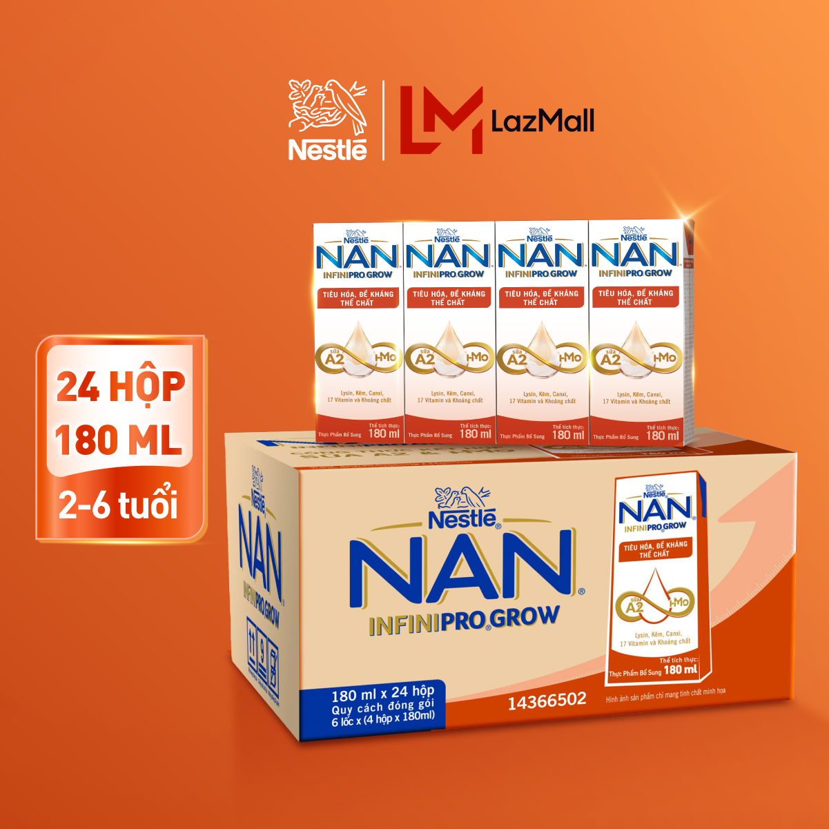 Thùng 24 hộp sữa pha sẵn Nestle NAN INFINIPRO GROW với công thức vượt trội kết hợp sữa A2 và HMO hỗ trợ tiêu hóa, đề kháng và phát triển thể chất (4x180ml)
