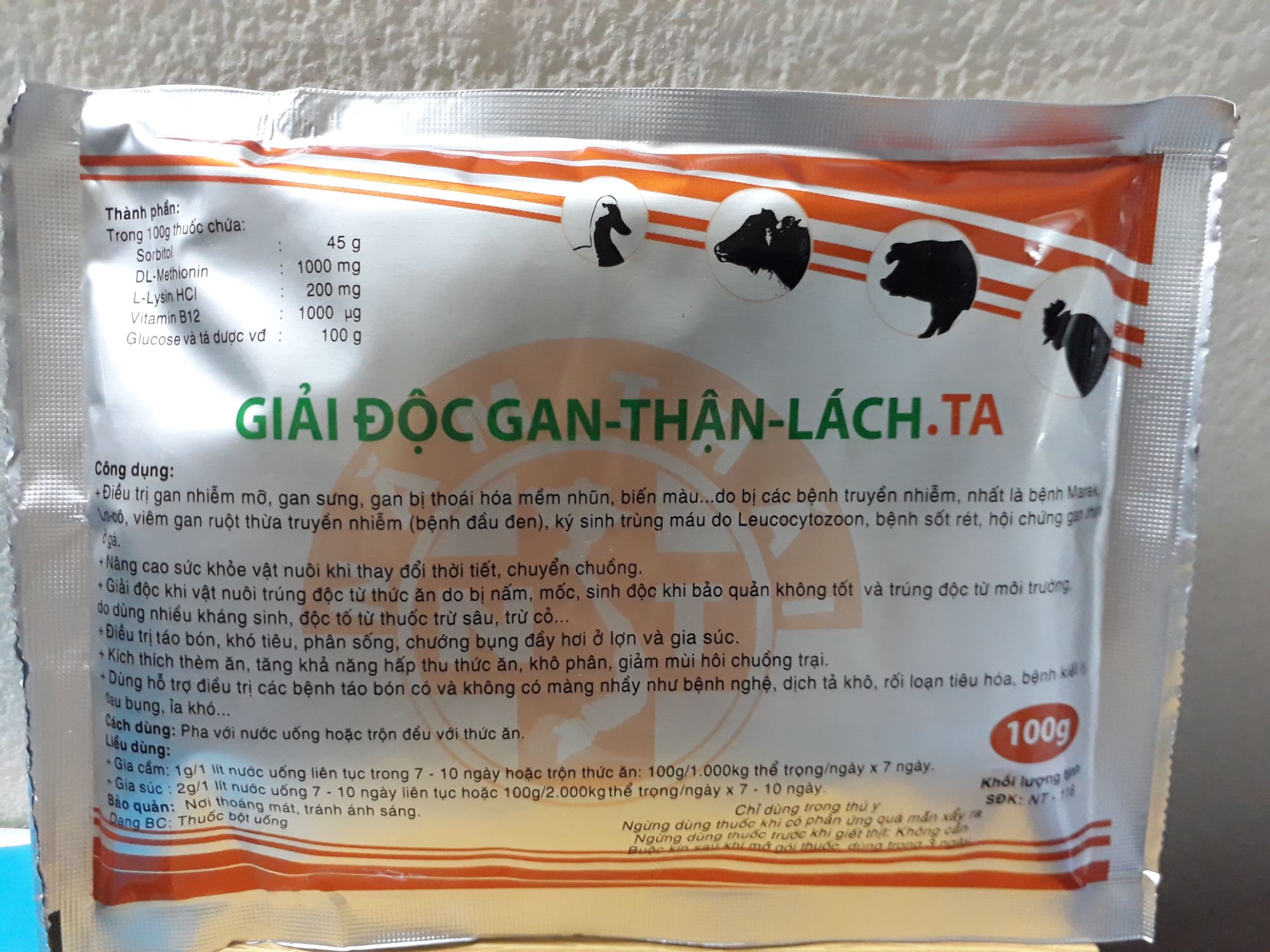 2 gói giải độc gan thận gia cầm, thú trúng thực tiêu chảy 100gr