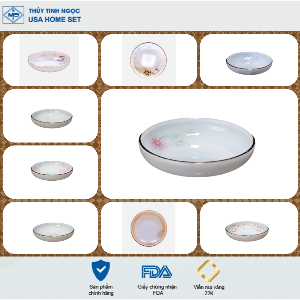 Đĩa tương các mẫu hoa văn viền vàng 22K Thủy Tinh Ngọc USA Home Set cao cấp bền đẹp, hàng nhập khẩu và phân phối độc quyền tại Việt Nam