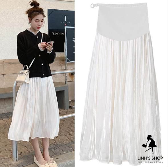 Chân Váy Bầu Trắng Dài Có Lót Thun Mềm Trong Cực Sang Chảnh CVB39