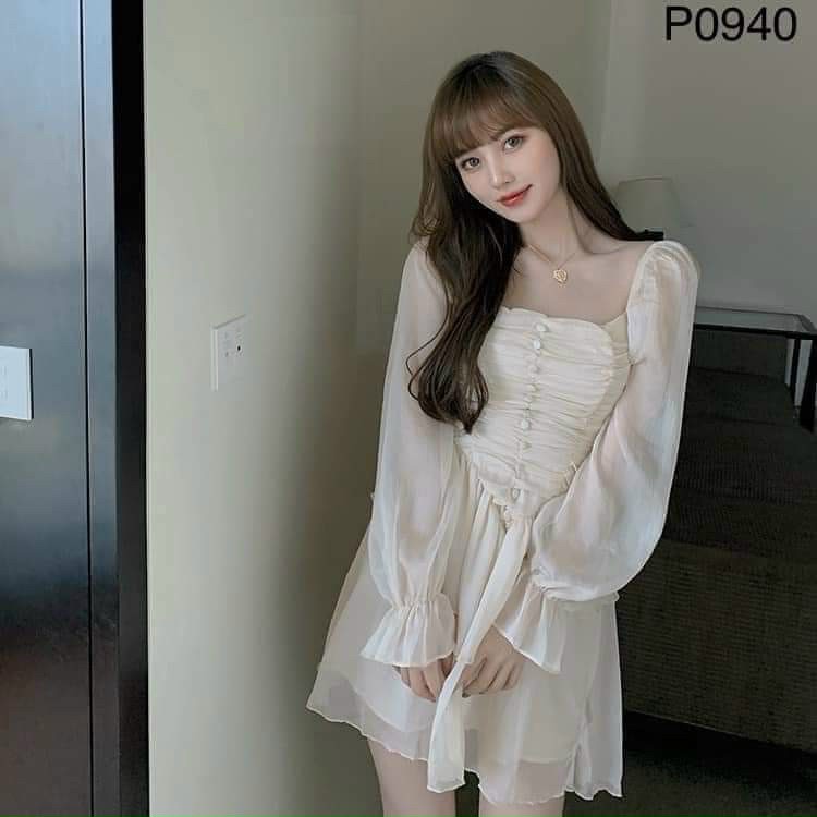 Váy Nữ Tay Dài Phối Voan Đính Nút Bọc Xếp Ly Sang Trọng Họa Tiết 2 Lớp Siêu Xinh Dạo Phố Main