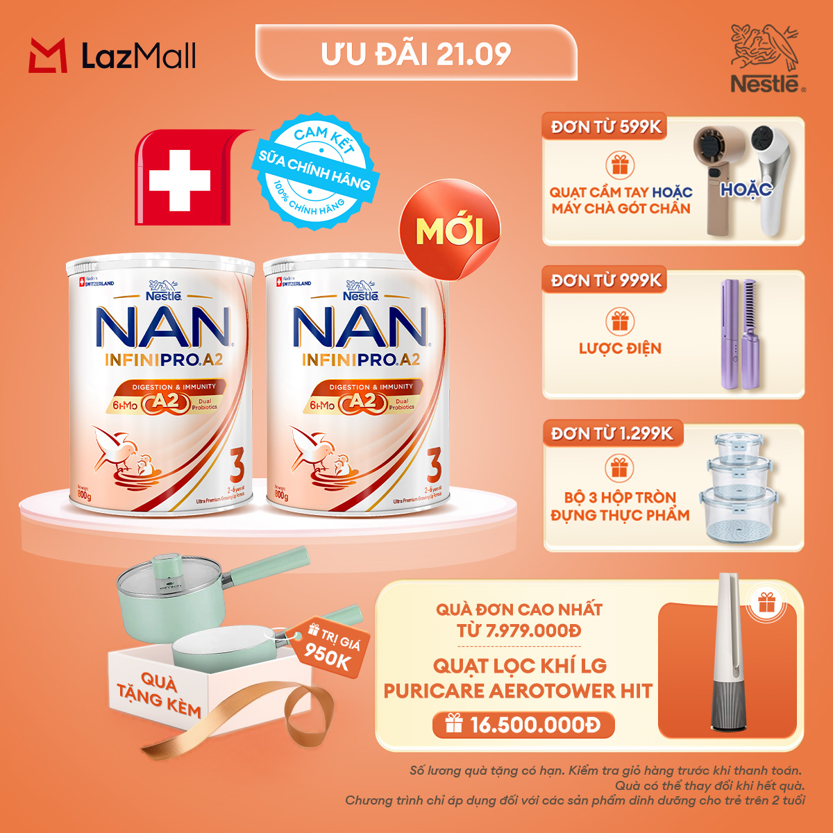 [CHỈ 21.09 QT ĐƠN 599K/999K/1299K][Tặng Nồi chống dính elmich 18cm] Combo 2 lon Sữa bột Nestle NAN INFINIPRO A2 3 800g Cho Bé 2 - 6 Tuổi Có Đạm A2, 6HMO  Lợi Khuẩn Kép hỗ trợ tiêu hóa, đề kháng