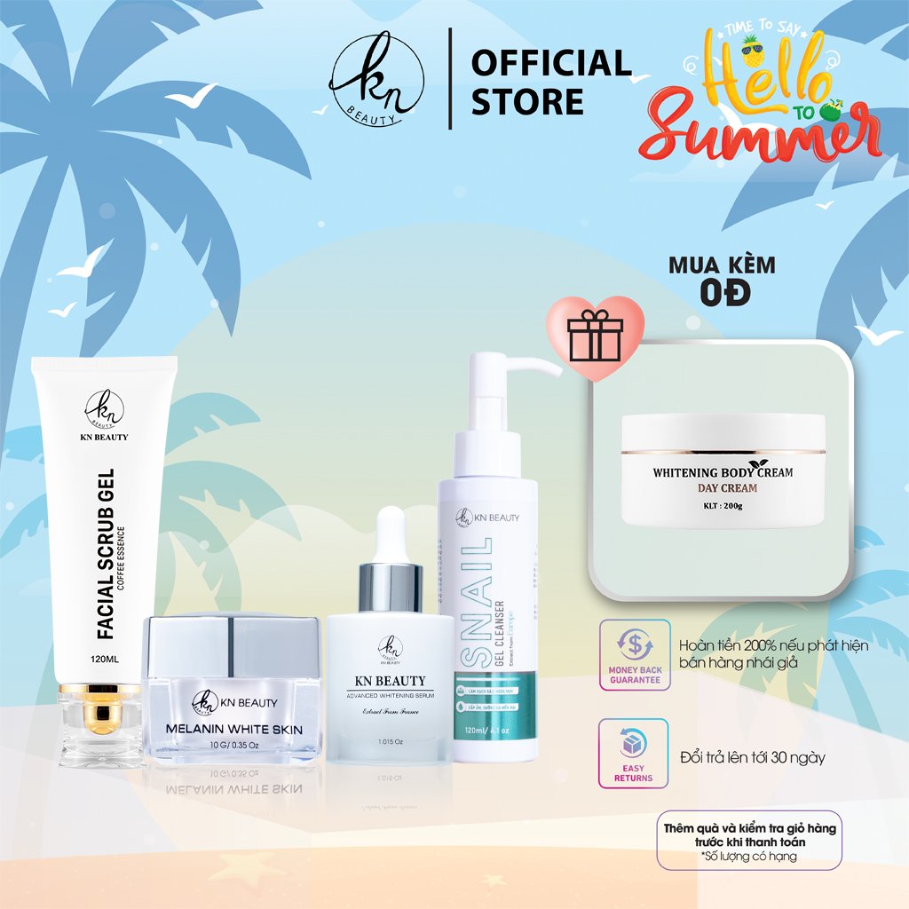 Bộ 4 bước chăm sóc da Trắng sáng Ngừa Nám KN Beauty chuyên sâu: Kem dưỡng 25g + Serum 30ml+ Sữa rửa mặt 100g+ Tẩy tế bào chết 120ml (Quà Tặng Body Bơ Ngày)