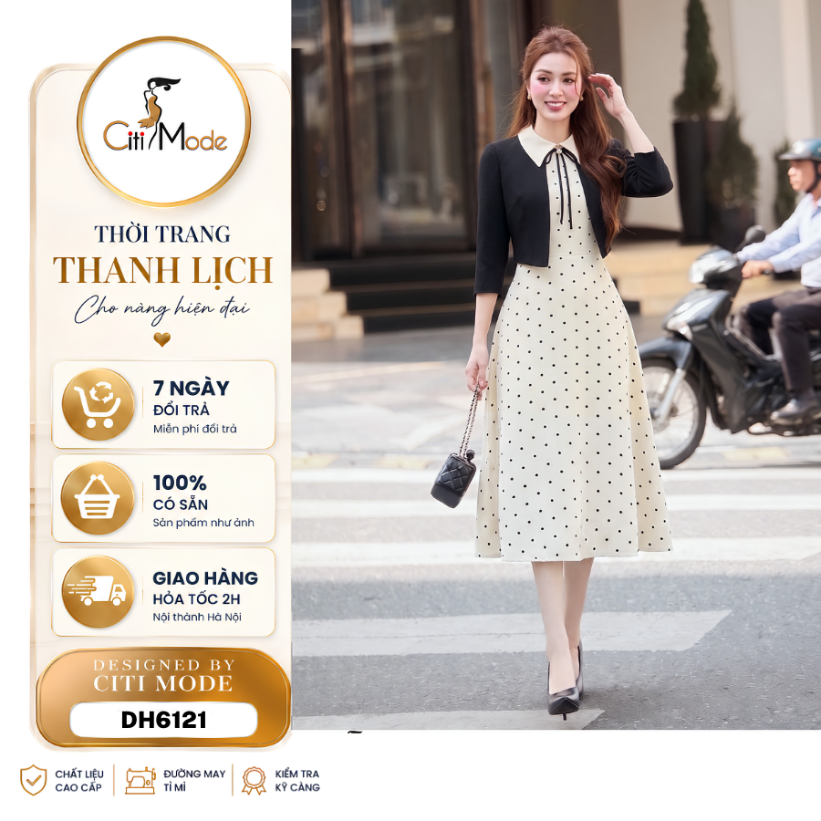 Citi Mode Fashion Office Dress Designed with Polka Dot Flared Dress and Black Faux Collar Set with Stylized Sleeves Dh6121