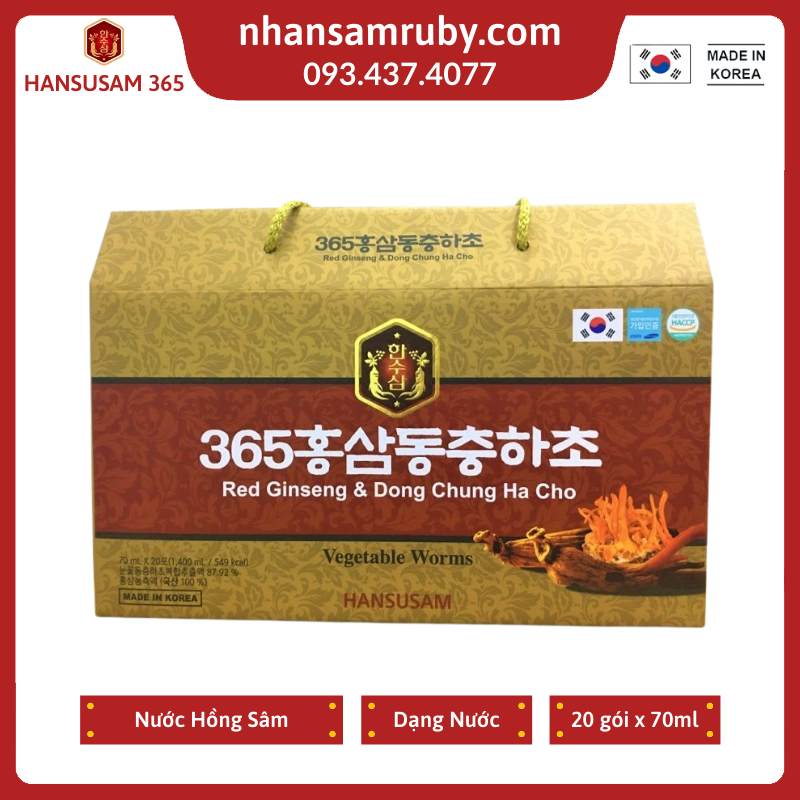 [HCM]Nước Hồng Sâm Đông Trùng Hạ Thảo 365 Hansusam Hộp 20 gói x 70ml - Date 10/2026