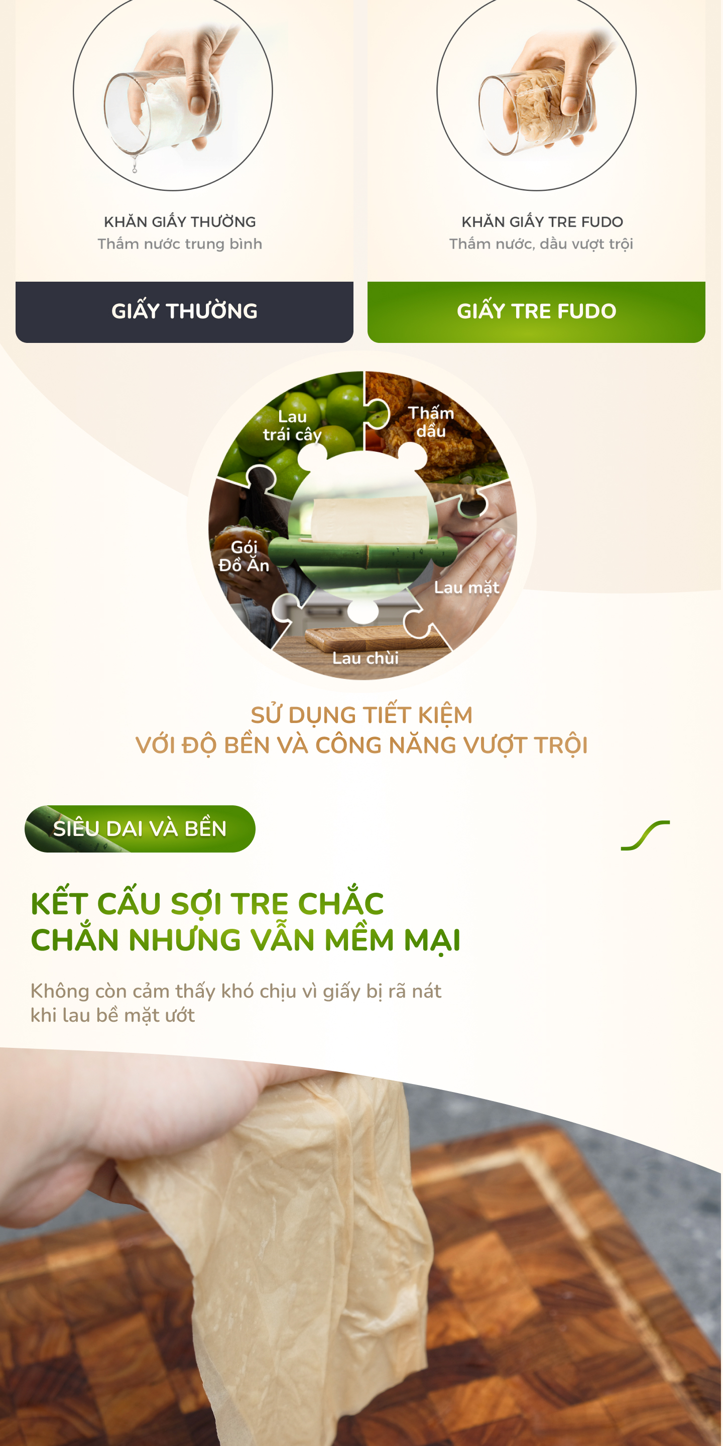 Khăn giấy khô không mùi từ sợi tre siêu dai FUDO TISSUEPack - Dai khi thấm nước và không bụi vụn (Gói lẻ 130 tờ x 3 lớp).