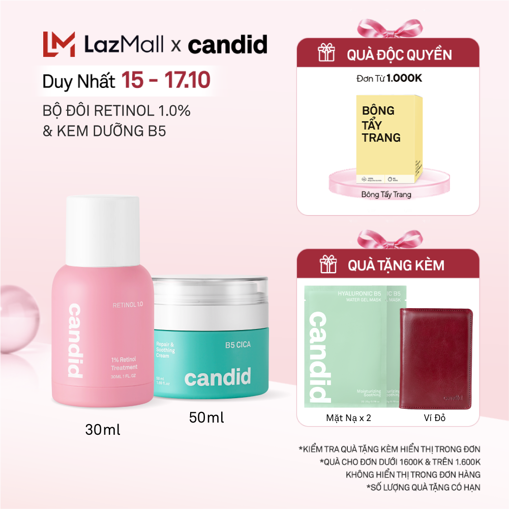 Bộ Đôi Hỗ Trợ Cải Thiện Và Phục Hồi Làn Da Candid Retinol 1.0% 30ml & Kem Dưỡng B5 Cica 50ml