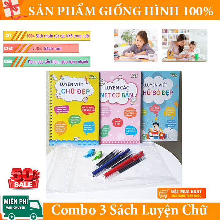 { Giá sỉ } Bộ 3 sách luyện viết chữ số đẹp, Vở tập chữ cho bé, Sách luyện chữ cho bé, Vở tập viết chữ, số, nét cơ bản tự xóa thần thánh cho bé - tặng kèm bút mực bay màu (2bút + 8ngòi)